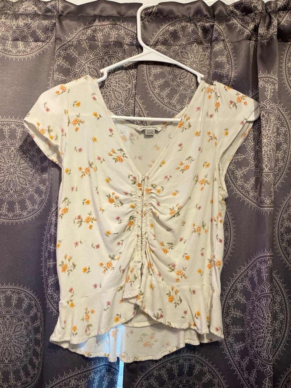 American Eagle Outfitters White Floral Ruched V-Neck Top